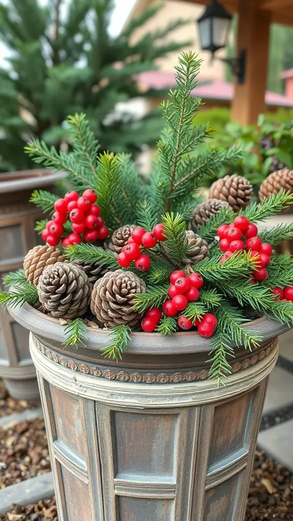 A rustic planter filled with pinecones, red berries, and evergreen branches.