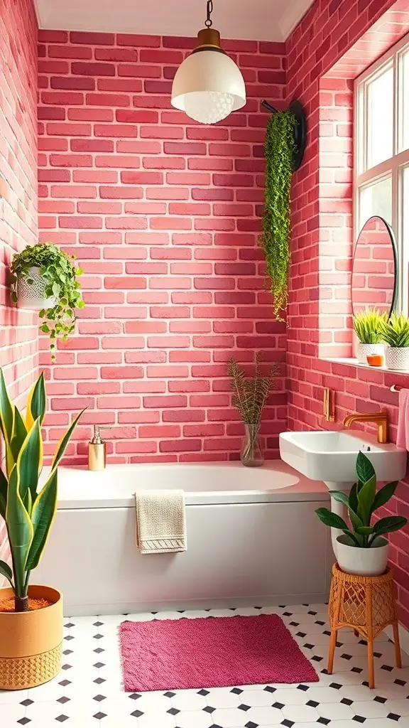 23+ Stunning Bathroom Brick Wall Accent Ideas You Need to Try 9 A bathroom with a pink brick wall, plants, and modern fixtures.