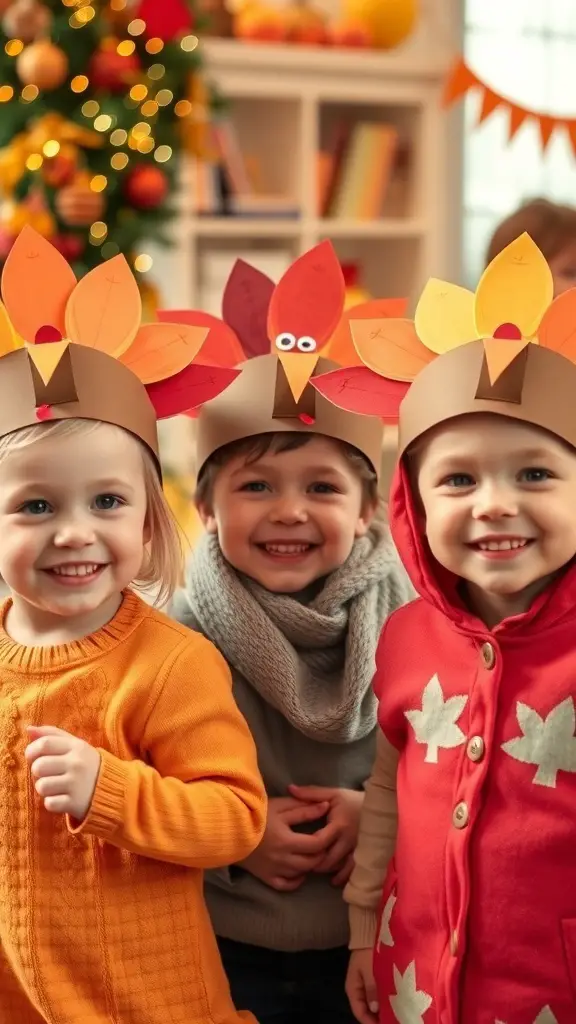 27+ Creative Thanksgiving Crafts for Preschoolers 13 Three children wearing colorful turkey hats, smiling and celebrating Thanksgiving.