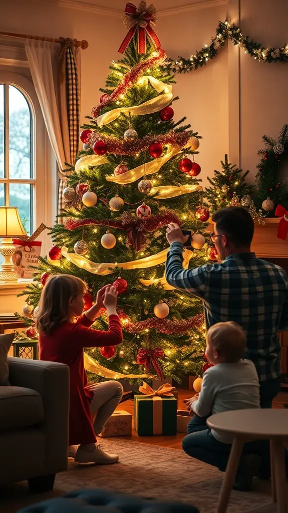 A family decorating a Christmas tree with red and gold ornaments, surrounded by festive decorations.