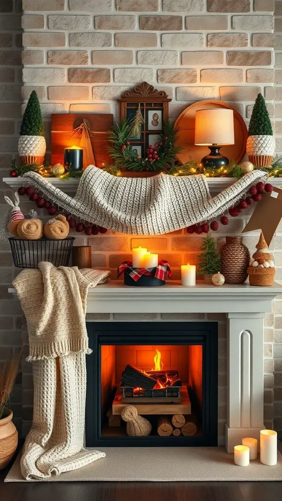 A beautifully decorated fireplace mantle with a chunky knit blanket, candles, and festive decorations.
