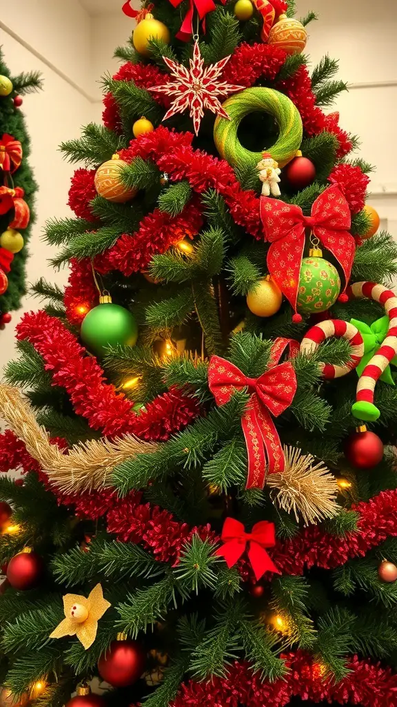 A beautifully decorated traditional Christmas tree with red, green, and gold ornaments.