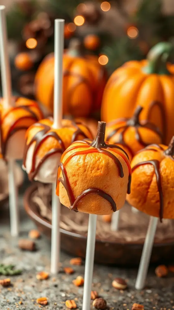 Pumpkin Spice Marshmallow Pops decorated like pumpkins with chocolate drizzle