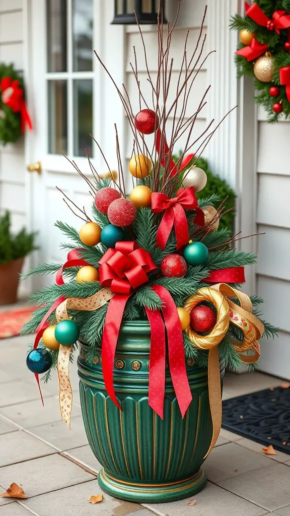 A festive outdoor planter with colorful ornaments, ribbons, and greenery.