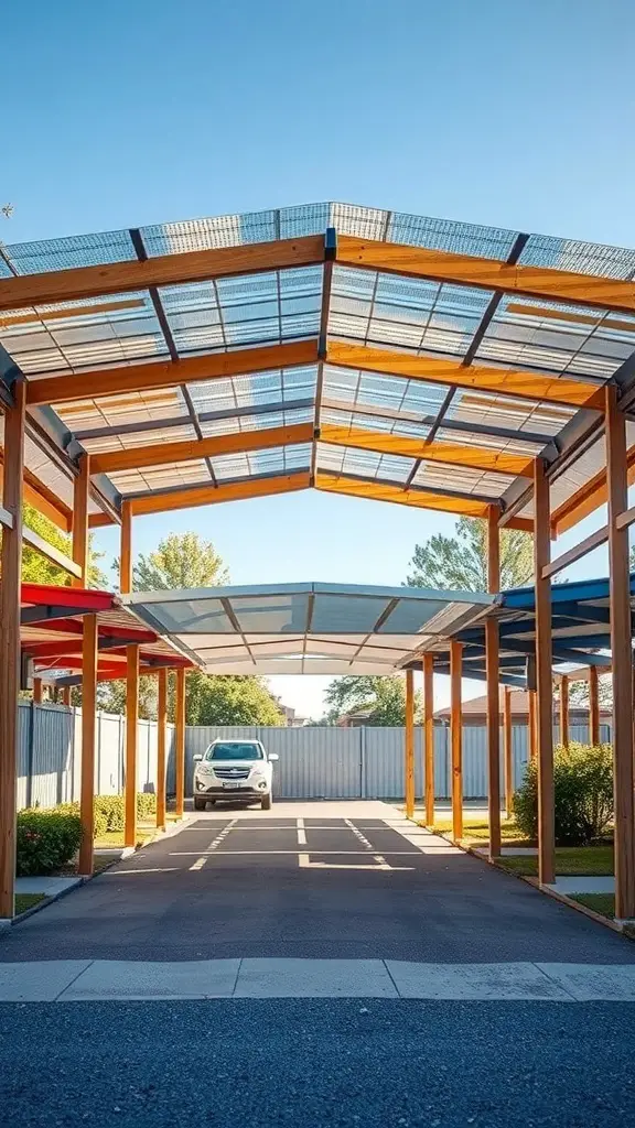 25+ Stylish Carport Ideas to Enhance Your Garage Front 9 Modern carport with wooden beams and transparent roof, providing shelter for a vehicle.
