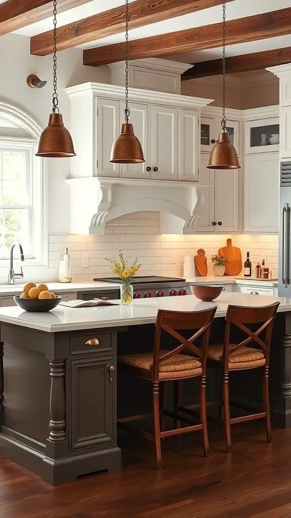 25+ Stunning Antique White Kitchen Cabinets for Timeless Style 3 A kitchen featuring antique white cabinets paired with a dark island and warm wooden beams.