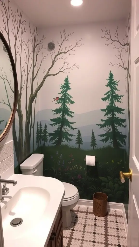 29+ Stunning Guest Bathroom Ideas to Elevate Your Space 16 A guest bathroom featuring a nature-themed mural with trees and mountains.