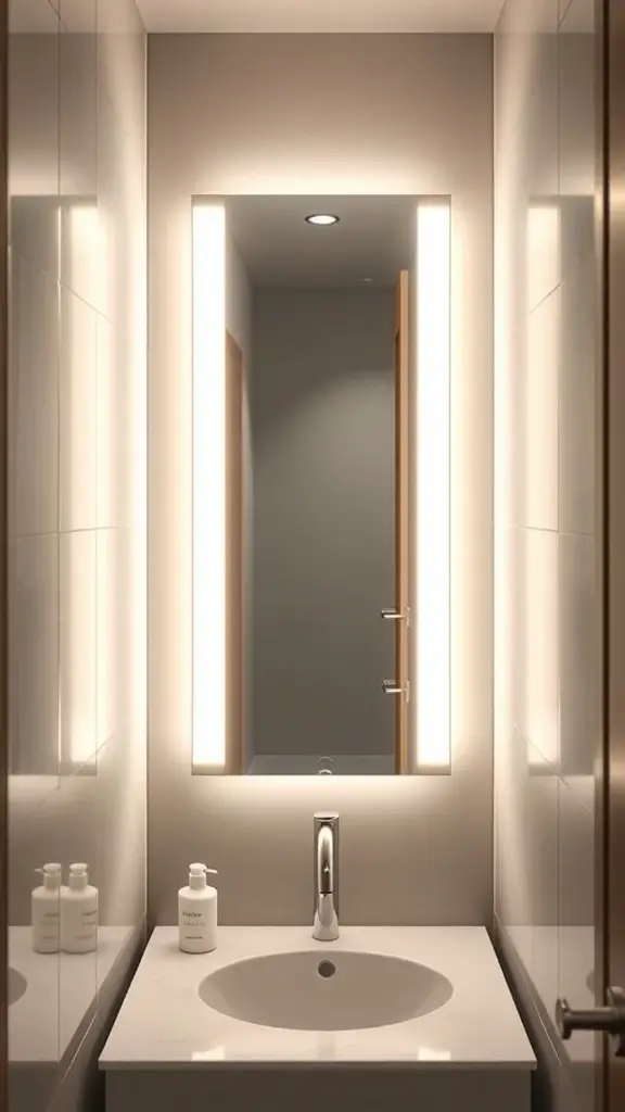 29+ Stunning Vertical Mirror Ideas to Transform Your Narrow Bathroom 7 A narrow bathroom featuring a vertical illuminated mirror with soft lighting.