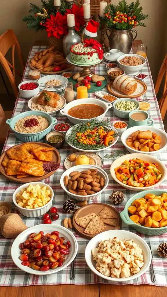 27+ Creative Christmas Party Ideas for Adults 9 A festive potluck dinner table filled with various dishes, including casseroles, desserts, and drinks, decorated for the holiday season.