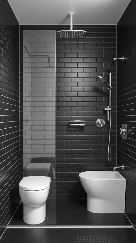 27+ Stunning Shower Tile Ideas to Transform Your Bathroom 8 A modern shower featuring matte black tiles on the walls, a glass shower enclosure, and white bathroom fixtures.