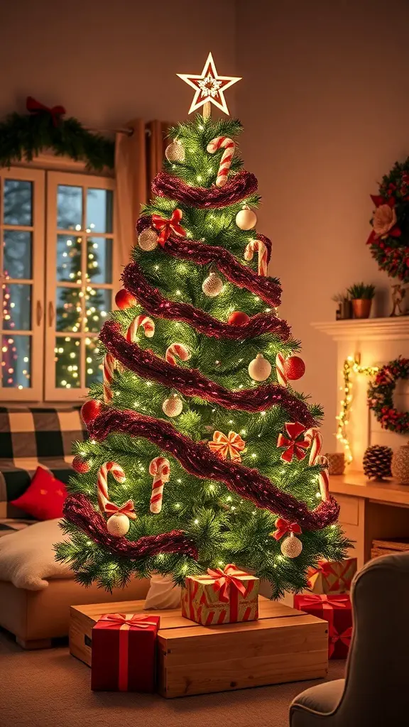 A beautifully decorated candy cane Christmas tree with lights and ornaments in a cozy living room.