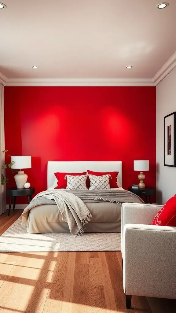 27+ Stunning Wall Paint Designs to Transform Your Space 6 A cozy bedroom featuring a bold red accent wall, neutral bedding, and stylish decor.