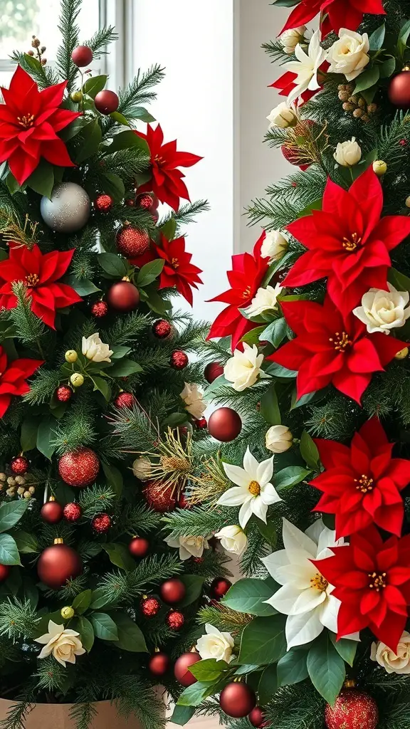 Christmas tree decorated with red poinsettias and white flowers