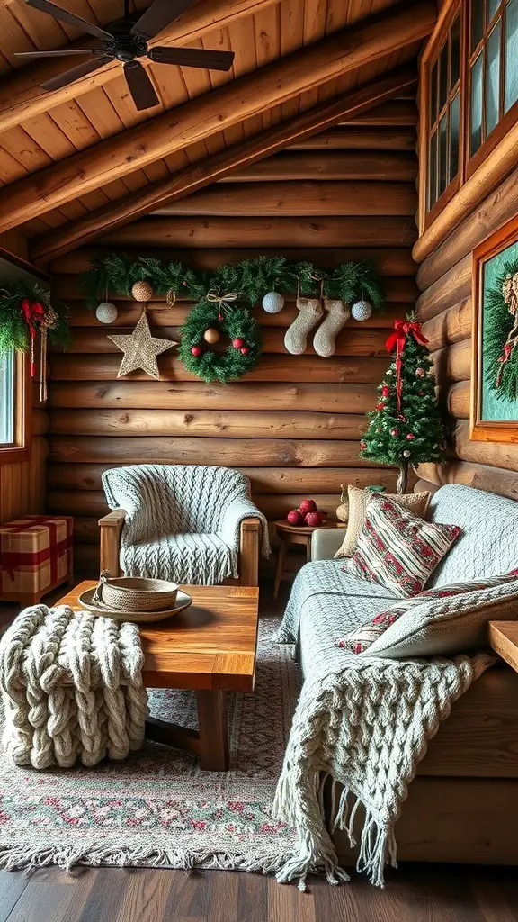 Cozy cabin decorated for Christmas with layered textures, including knit blankets, wooden furniture, and festive wreaths.