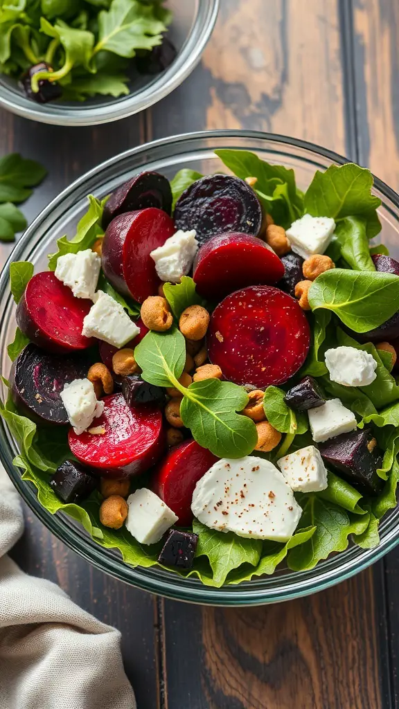 29+ Delicious Thanksgiving Appetizers to Impress Your Guests 15 A vibrant salad with roasted beets, goat cheese, nuts, and greens in a glass bowl.