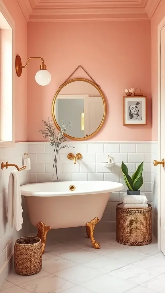 27+ Stunning Bathroom Paint Colors to Transform Your Space 13 A chic bathroom featuring blush pink walls, a white tub with gold accents, and stylish decor.
