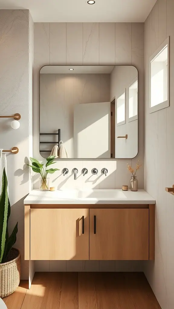 23+ Stylish Bathroom Double Sink Ideas to Enhance Your Space 16 Eco-friendly double sink bathroom with natural wood cabinet and plants
