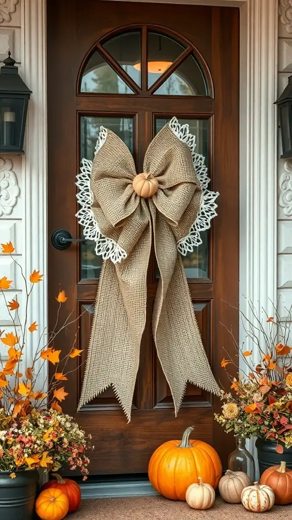A wooden door decorated with a large burlap bow and lace accents, featuring a small pumpkin in the center, surrounded by autumn decorations.