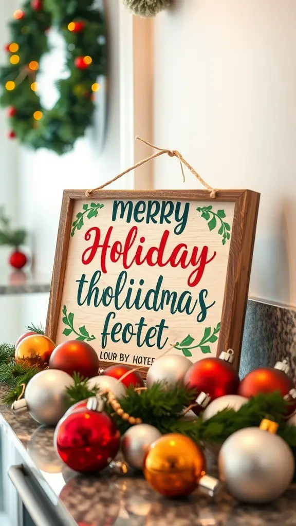 A wooden sign that says 'Merry Holiday' surrounded by colorful ornaments and greenery.
