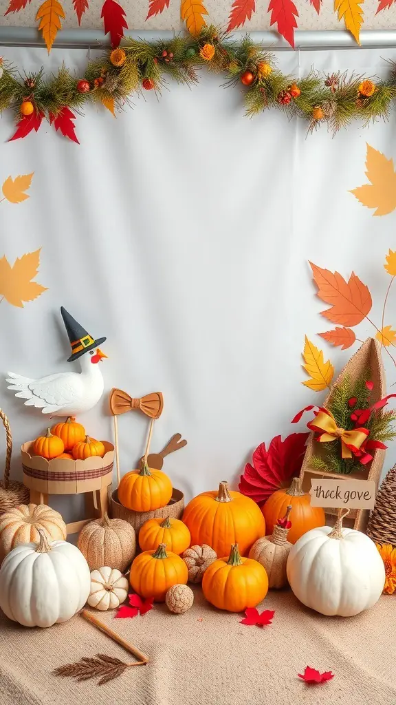 A Thanksgiving-themed photo booth with pumpkins, autumn leaves, and a whimsical white goose decoration.