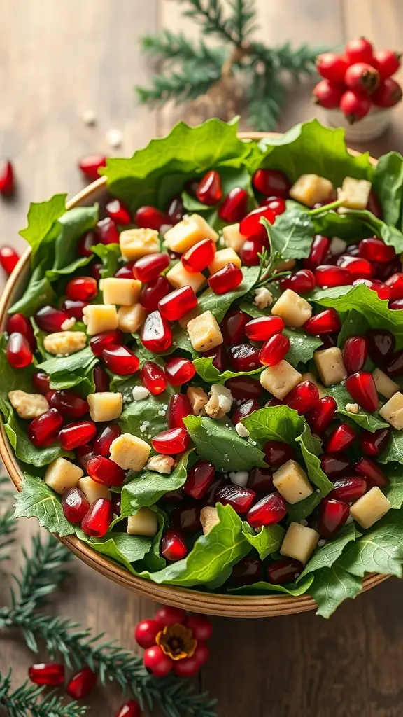 A festive Christmas salad with pomegranate seeds, greens, and cheese in a wooden bowl