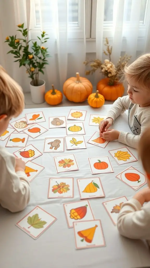 Children playing a harvest-themed memory game with colorful cards on a table, surrounded by pumpkins.