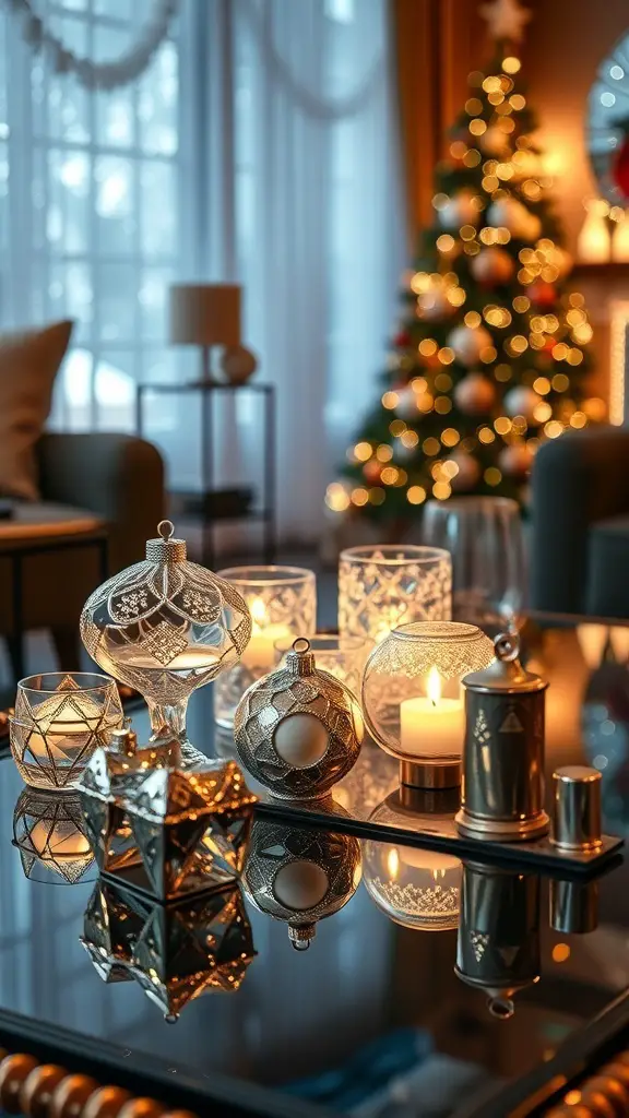A beautifully arranged coffee table with sparkling glass and crystal decorations, featuring candles and a Christmas tree in the background.
