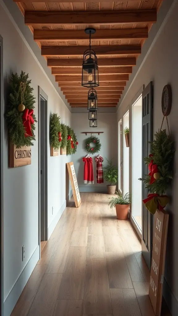27+ Festive Christmas Hallway Ideas to Transform Your Home 9 A cozy Christmas hallway featuring rustic wood accents, wreaths, and festive decorations.