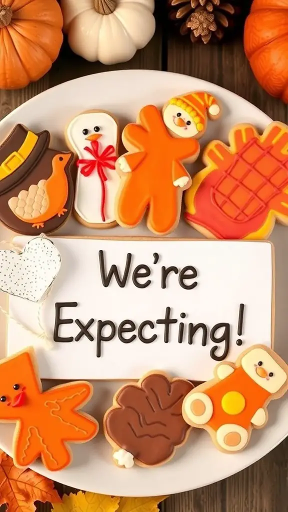 A plate of Thanksgiving-themed cookies with the message 'We're Expecting!'