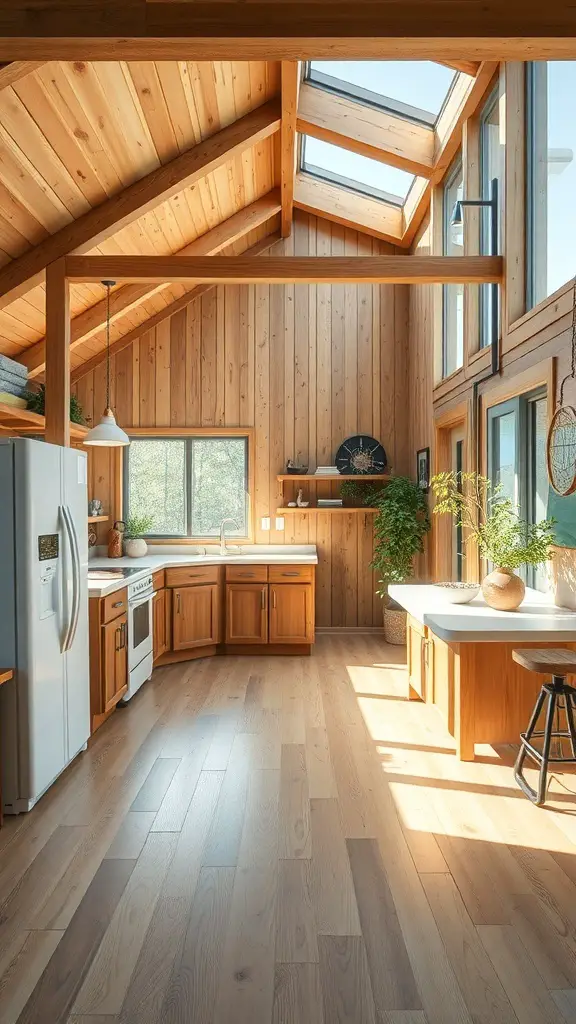 29+ Inspiring Barndominium Interior Ideas You’ll Love 13 A bright kitchen in a barndominium featuring wooden walls, skylights, and energy-efficient appliances.