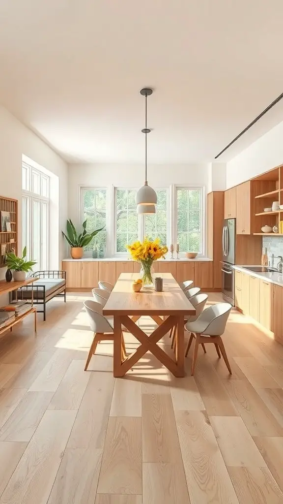 29+ Warm Neutral Kitchen Ideas to Transform Your Space 8 A warm neutral kitchen with wooden cabinets, a large dining table, and bright sunlight coming through the windows.