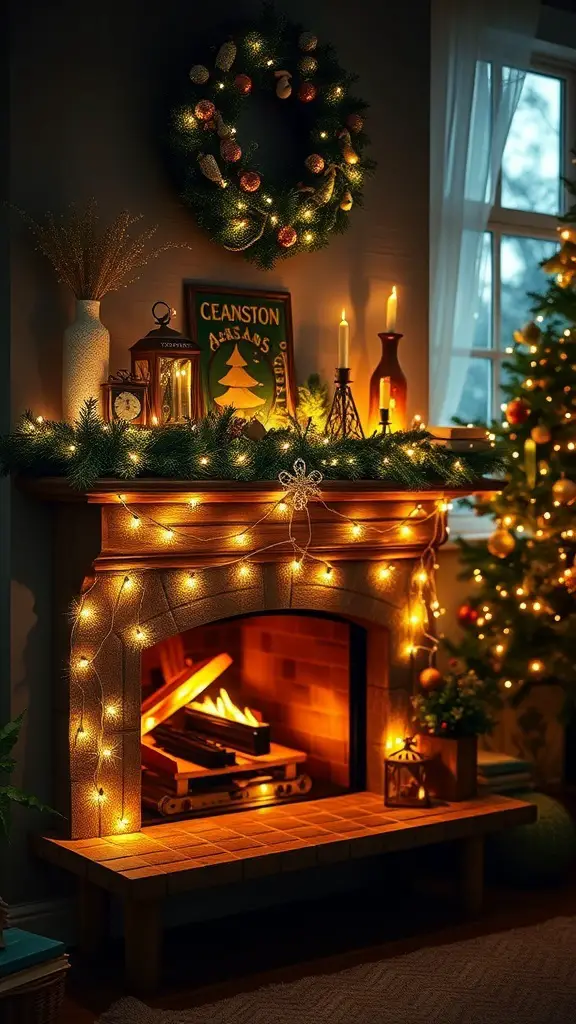 A cozy Christmas fireplace decorated with twinkling fairy lights and festive ornaments.