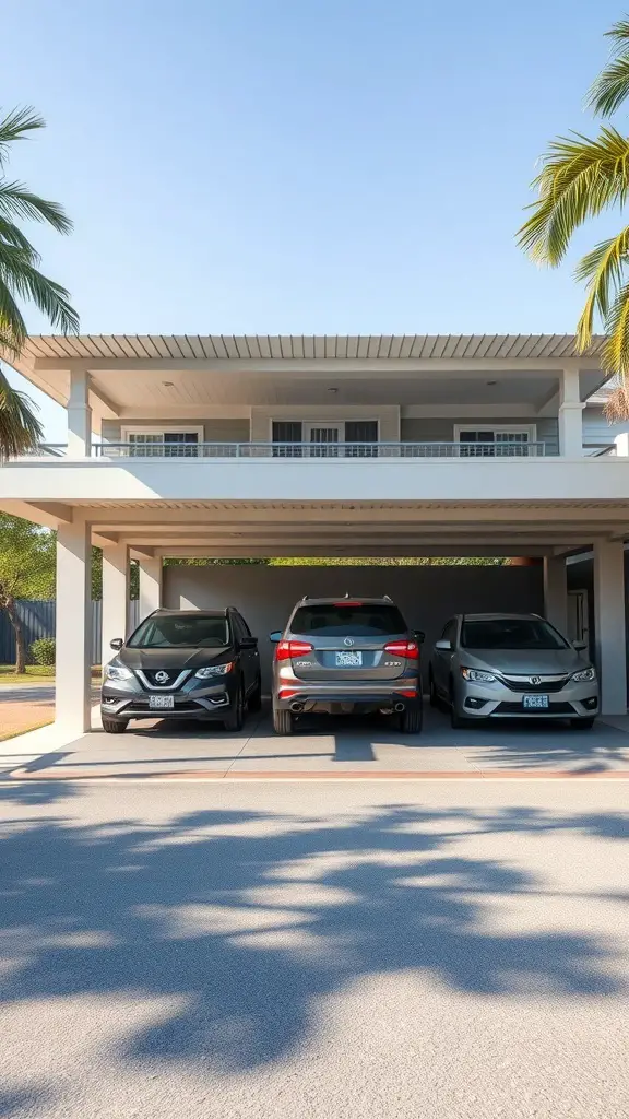 25+ Stylish Carport Ideas to Enhance Your Garage Front 15 A carport in front of a garage with three parked vehicles.