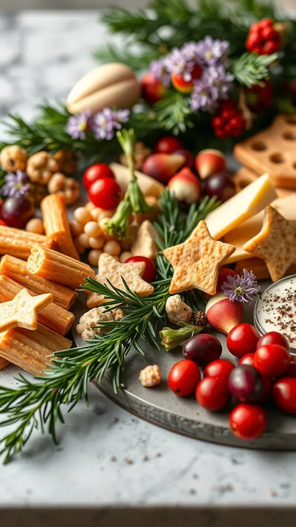 29+ Festive Grazing Table Ideas for a Perfect Christmas Celebration 11 A beautifully arranged Christmas grazing table featuring star-shaped crackers, cherry tomatoes, fresh herbs, and colorful fruits.