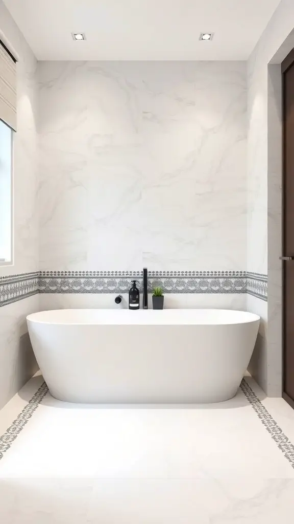 A modern bathroom featuring a white freestanding bathtub and accent strips on the wall.