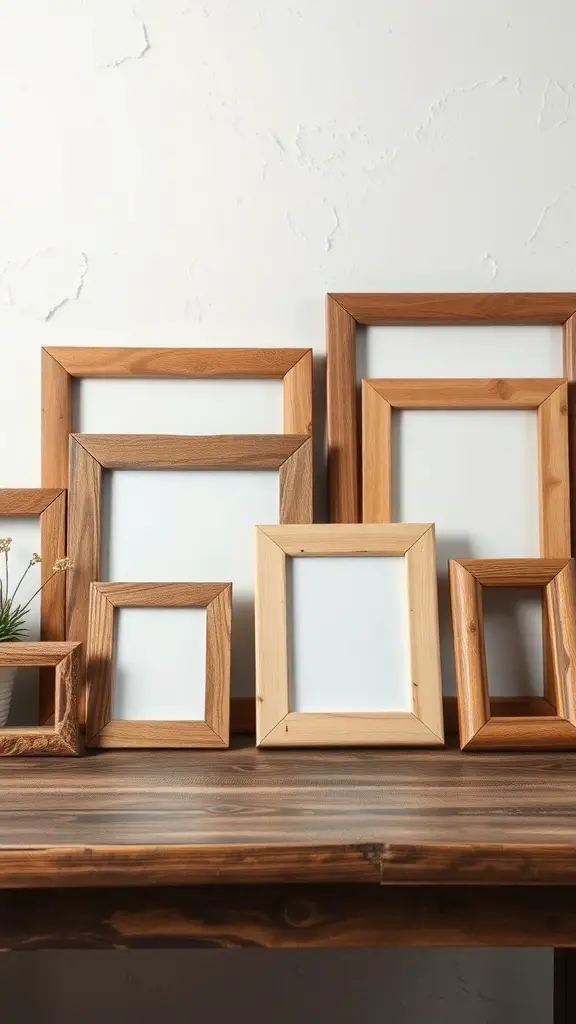 A collection of rustic wooden picture frames of various sizes arranged on a wooden surface.