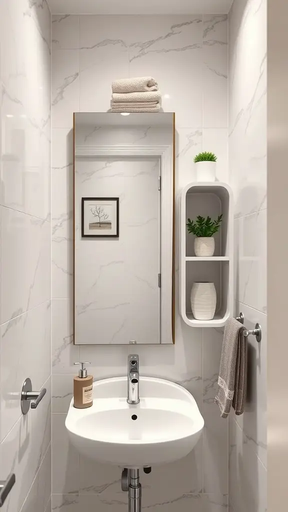 29+ Stylish Small Bathroom Mirror Ideas to Elevate Your Space 16 A small bathroom featuring a multi-functional mirror with shelves, towels, and a plant.