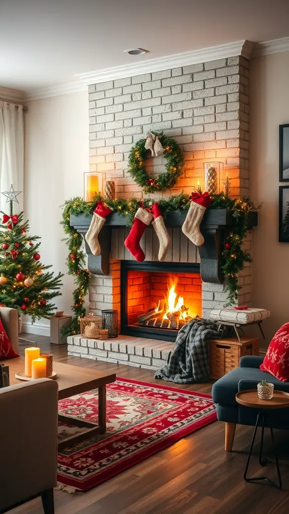 Cozy Christmas living room with a crackling fireplace, stockings hung, and a decorated tree.