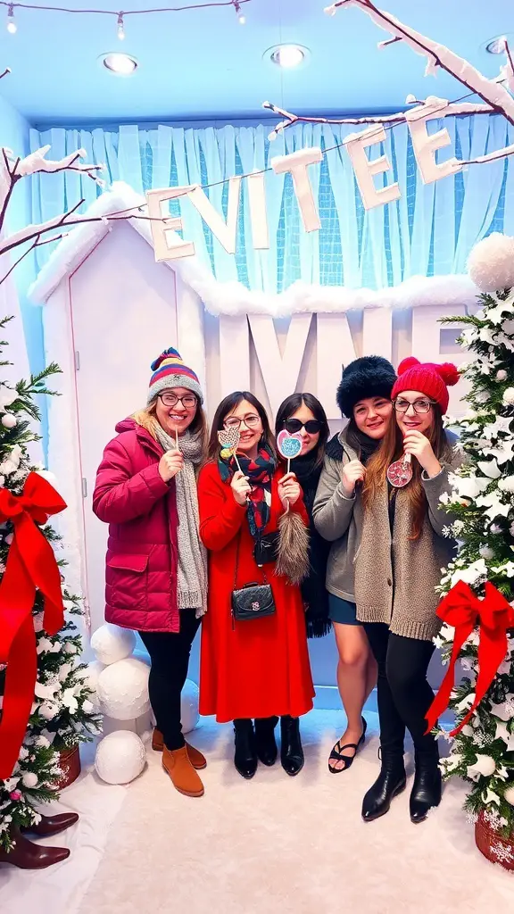 27+ Creative Christmas Party Ideas for Adults 11 A group of friends posing at a Winter Wonderland photo booth, dressed in winter attire and holding festive props.