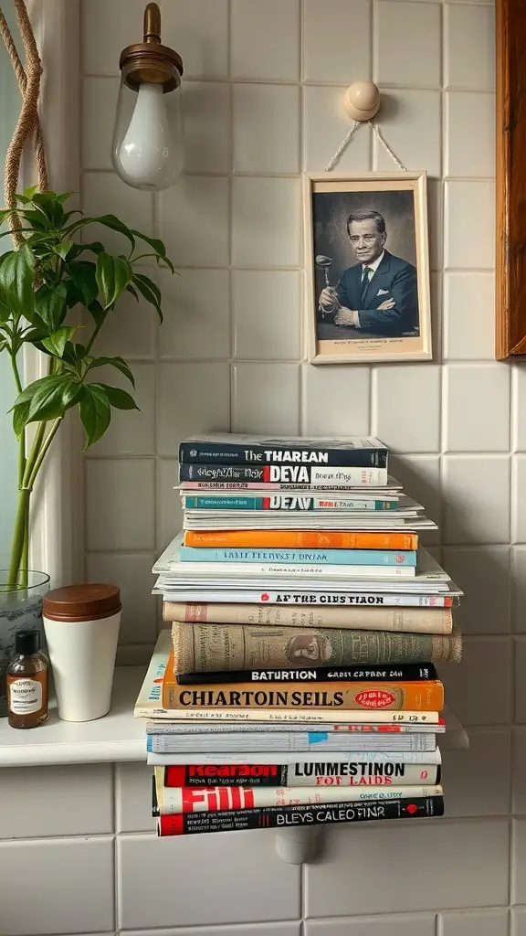 29+ Inspiring Boho Bathroom Shelf Decor Ideas to Transform Your Space 10 A shelf decorated with vintage books and magazines in a bathroom setting.