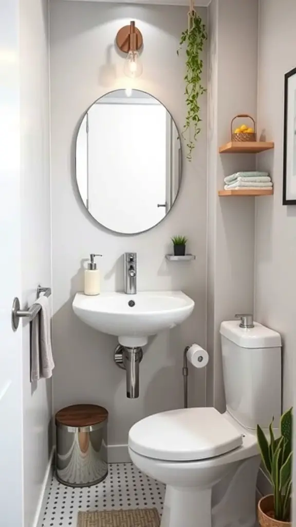 29+ Stunning Tiny Bathroom Layouts for Small Spaces 6 A compact bathroom featuring a wall-mounted sink, round mirror, and decorative plants.