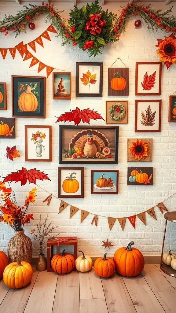 A wall decorated with Thanksgiving-themed art, featuring pumpkins, leaves, and a turkey, with decorative elements like garlands and pumpkins at the base.