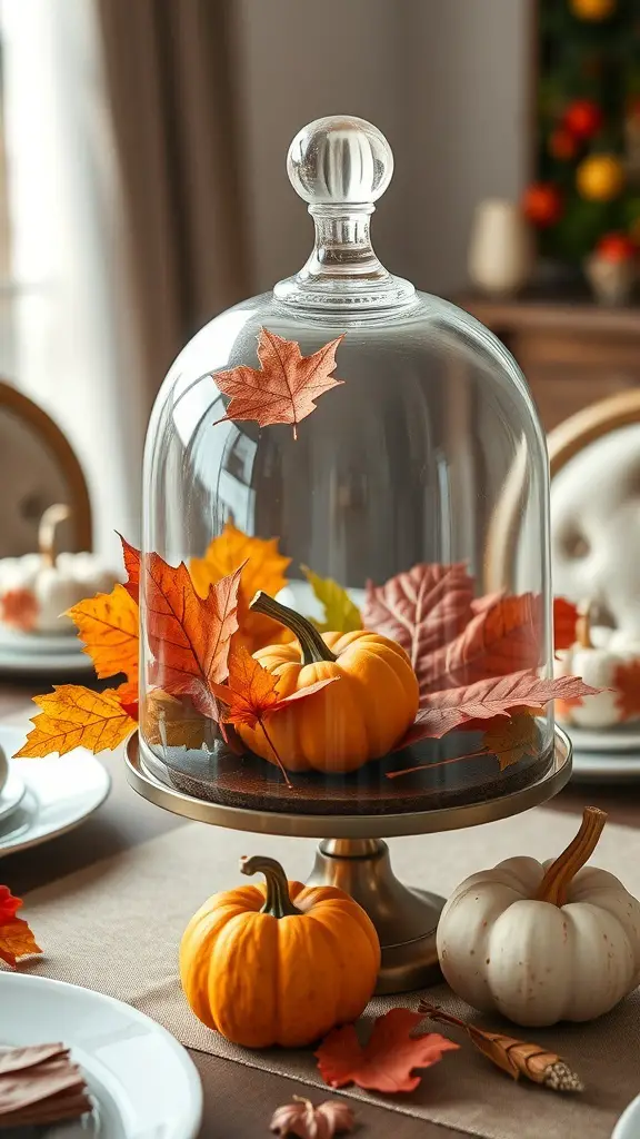 A glass cloche with pumpkins and autumn leaves as a Thanksgiving centerpiece.