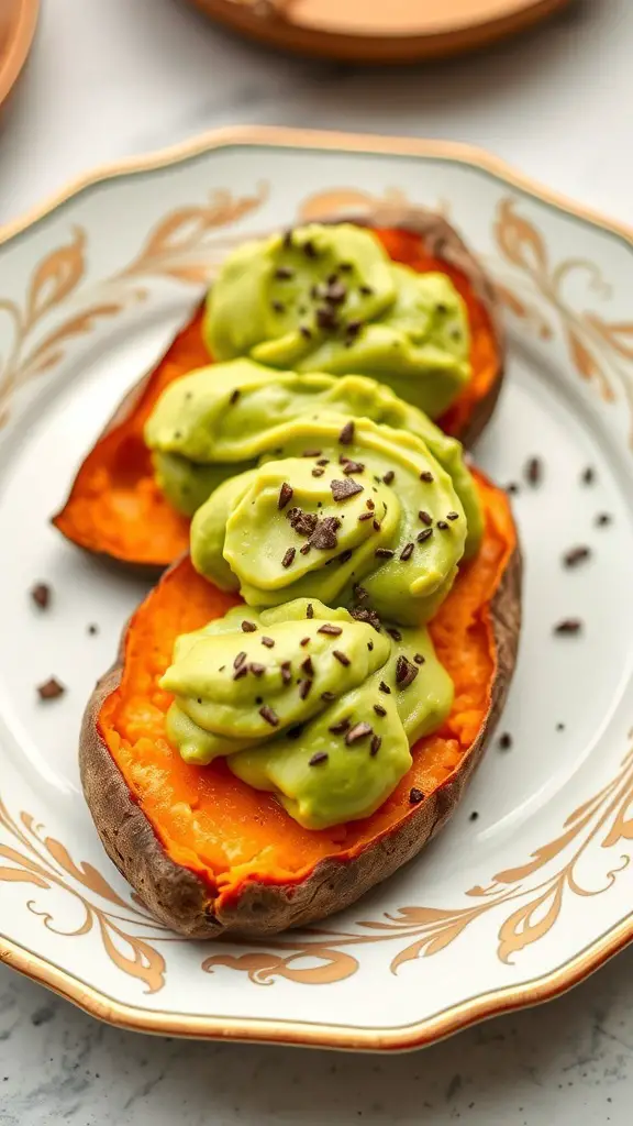 Sweet potato halves topped with creamy avocado and chocolate shavings on a decorative plate.