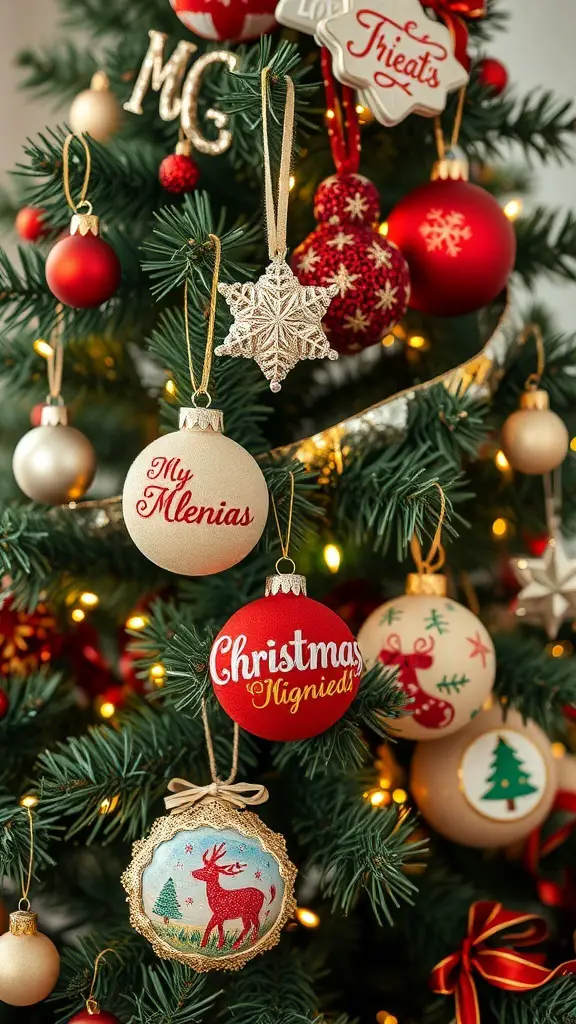 29+ Creative Sewing Projects for Handmade Christmas Gifts 5 A close-up of beautifully embroidered Christmas tree ornaments hanging on a decorated tree.