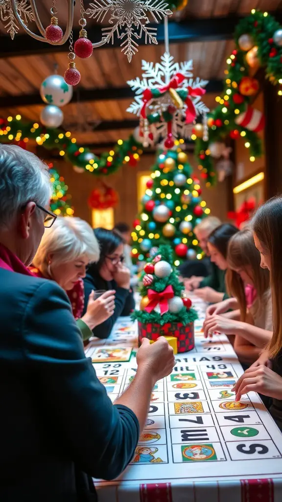 A group of people playing Christmas Bingo at a festive gathering with a decorated tree in the background.