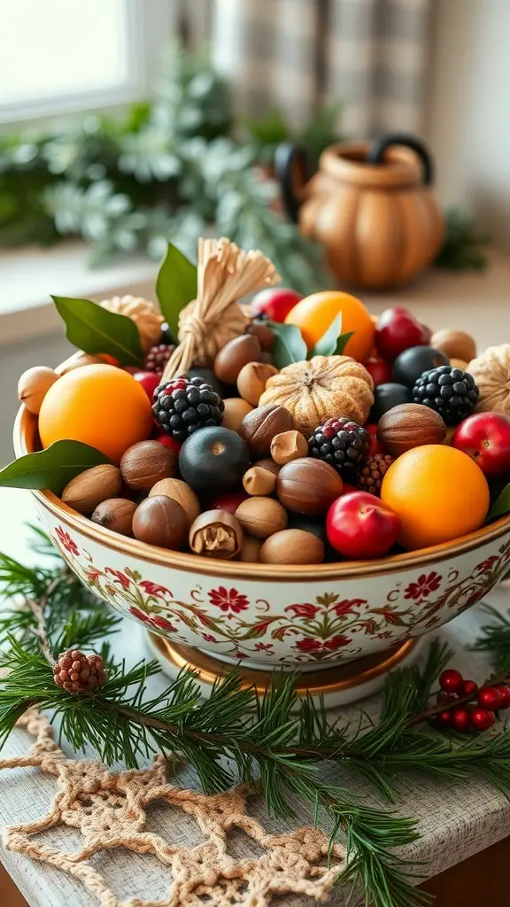 A decorative bowl filled with seasonal fruits and nuts, surrounded by greenery and pinecones.