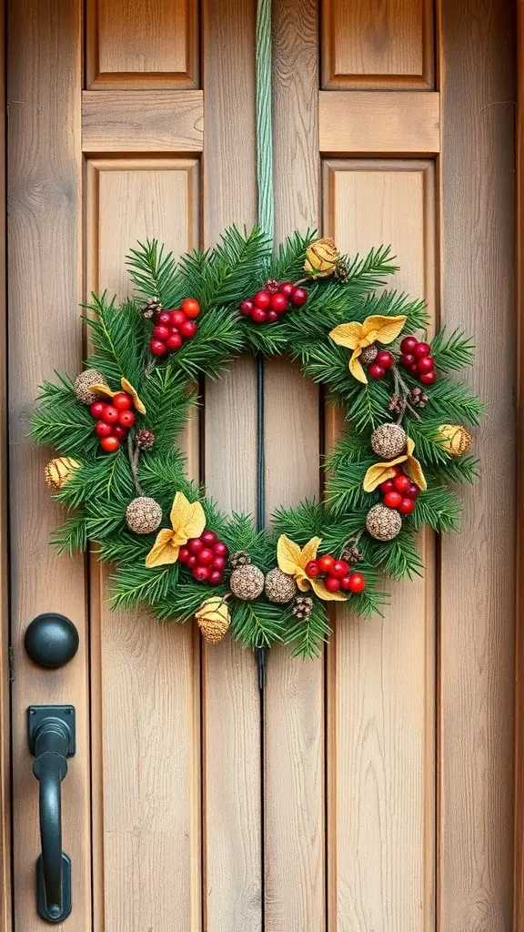 A traditional Christmas wreath made of pine needles, red berries, and golden accents hanging on a wooden door.