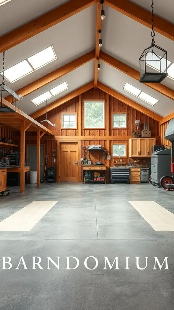 27+ Stunning Barndominium Exterior Ideas to Inspire Your Dream Home 11 Interior of a barndominium garage and workshop with wooden beams and modern flooring