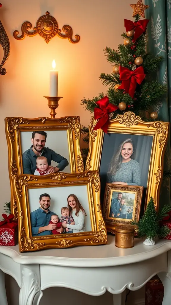 Gilded picture frames with holiday photos arranged on a table next to a Christmas tree.